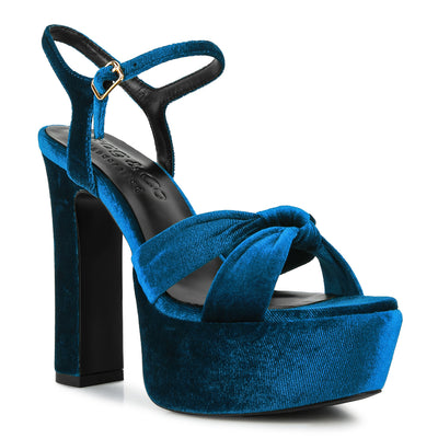 Royal Blue Velvet High Block Heeled Sandals