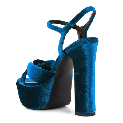 Royal Blue Velvet High Block Heeled Sandals