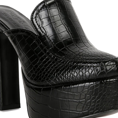 croc pattern heeled platform mules#color_black