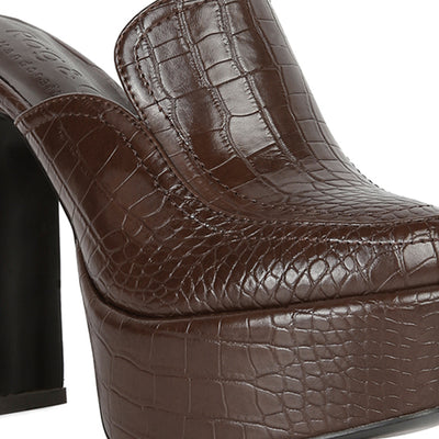 croc pattern heeled platform mules#color_brown