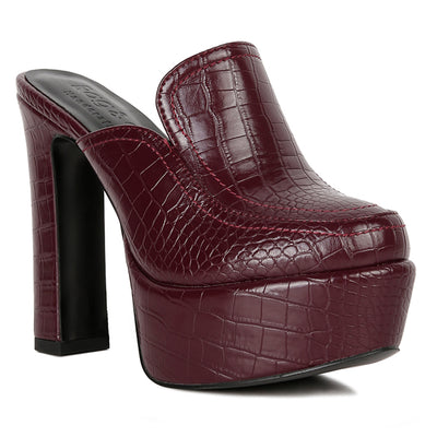 croc pattern heeled platform mules#color_burgundy