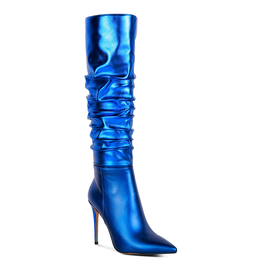 metallic ruched stiletto calf boots#color_blue