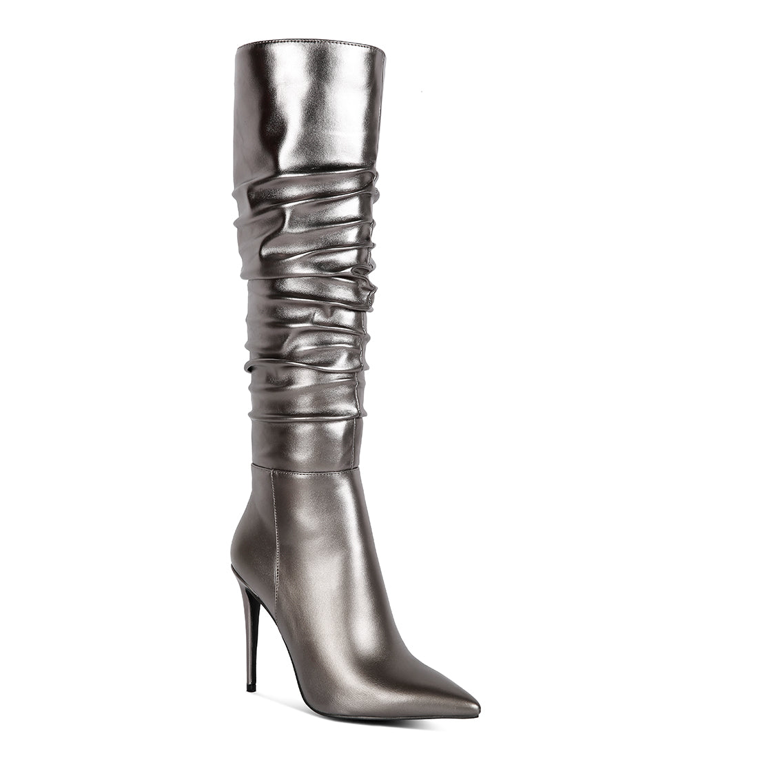metallic ruched stiletto calf boots#color_grey