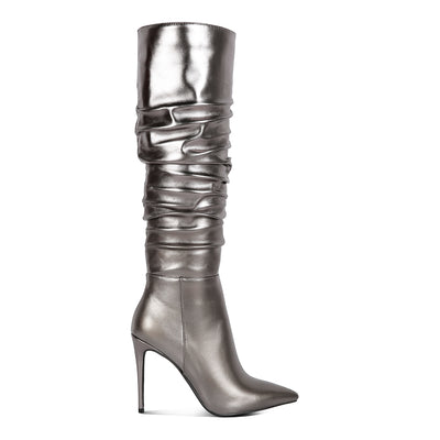 metallic ruched stiletto calf boots#color_grey