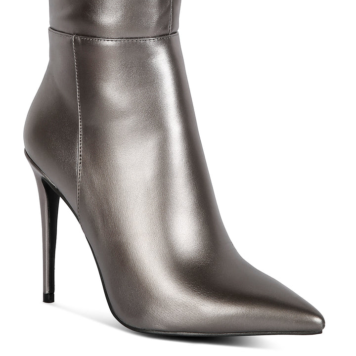 metallic ruched stiletto calf boots#color_grey