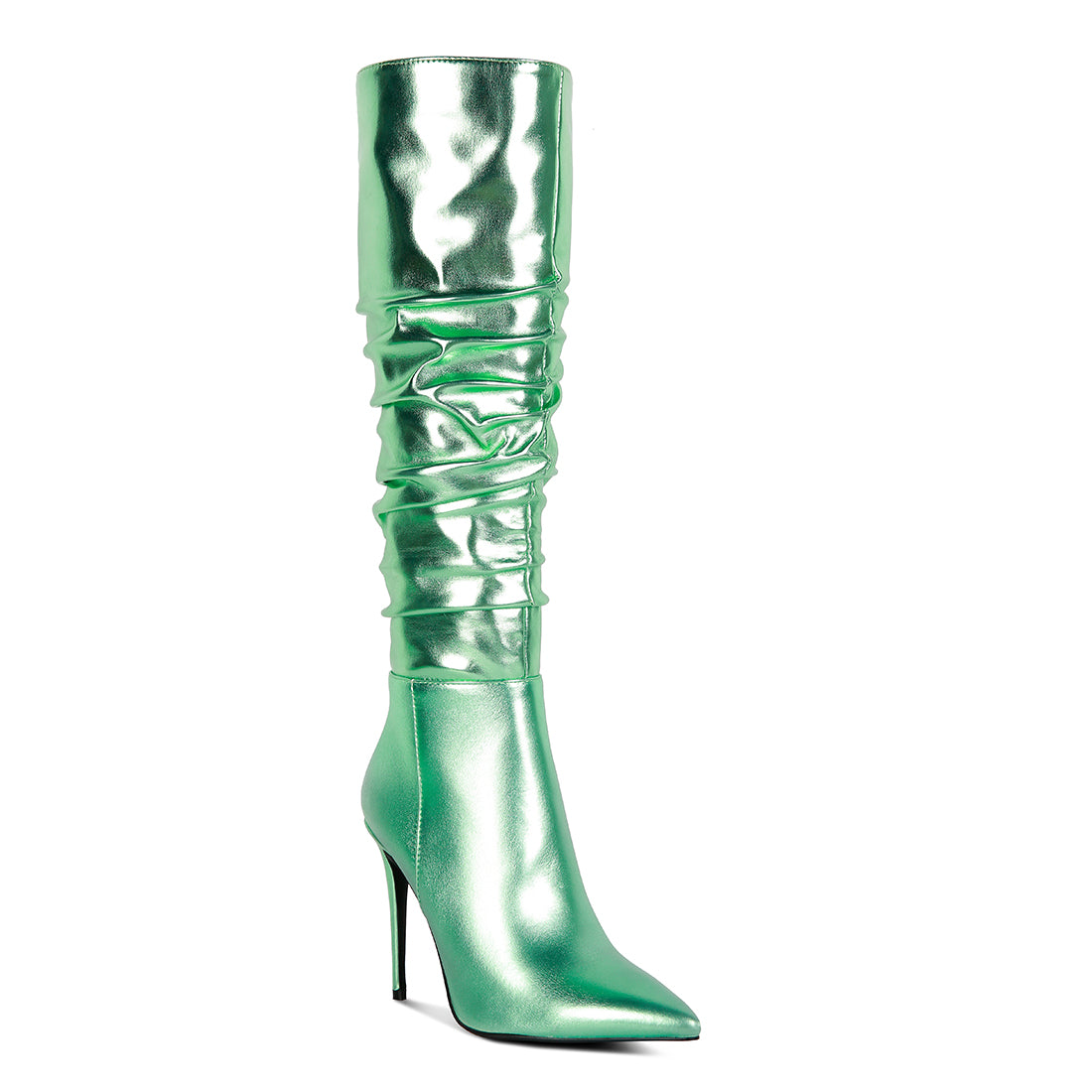 metallic ruched stiletto calf boots#color_mint