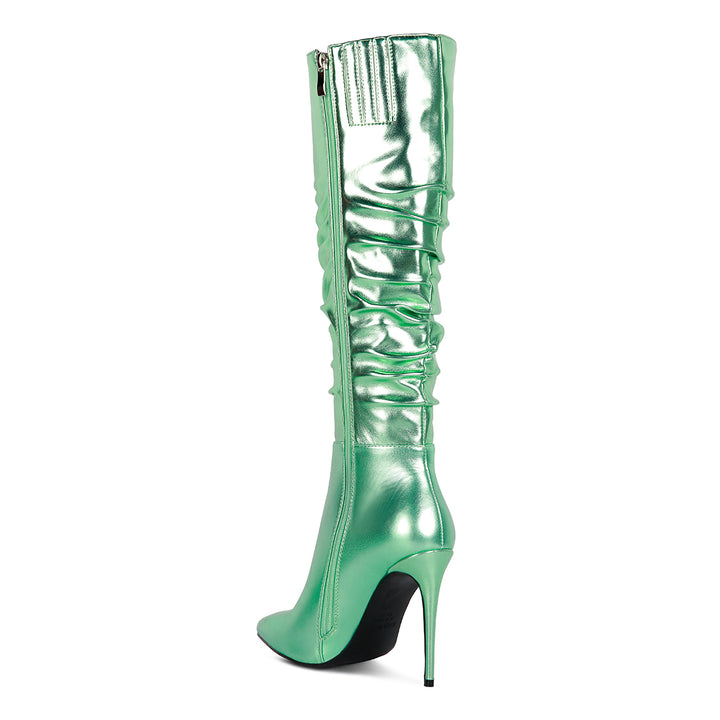 metallic ruched stiletto calf boots#color_mint