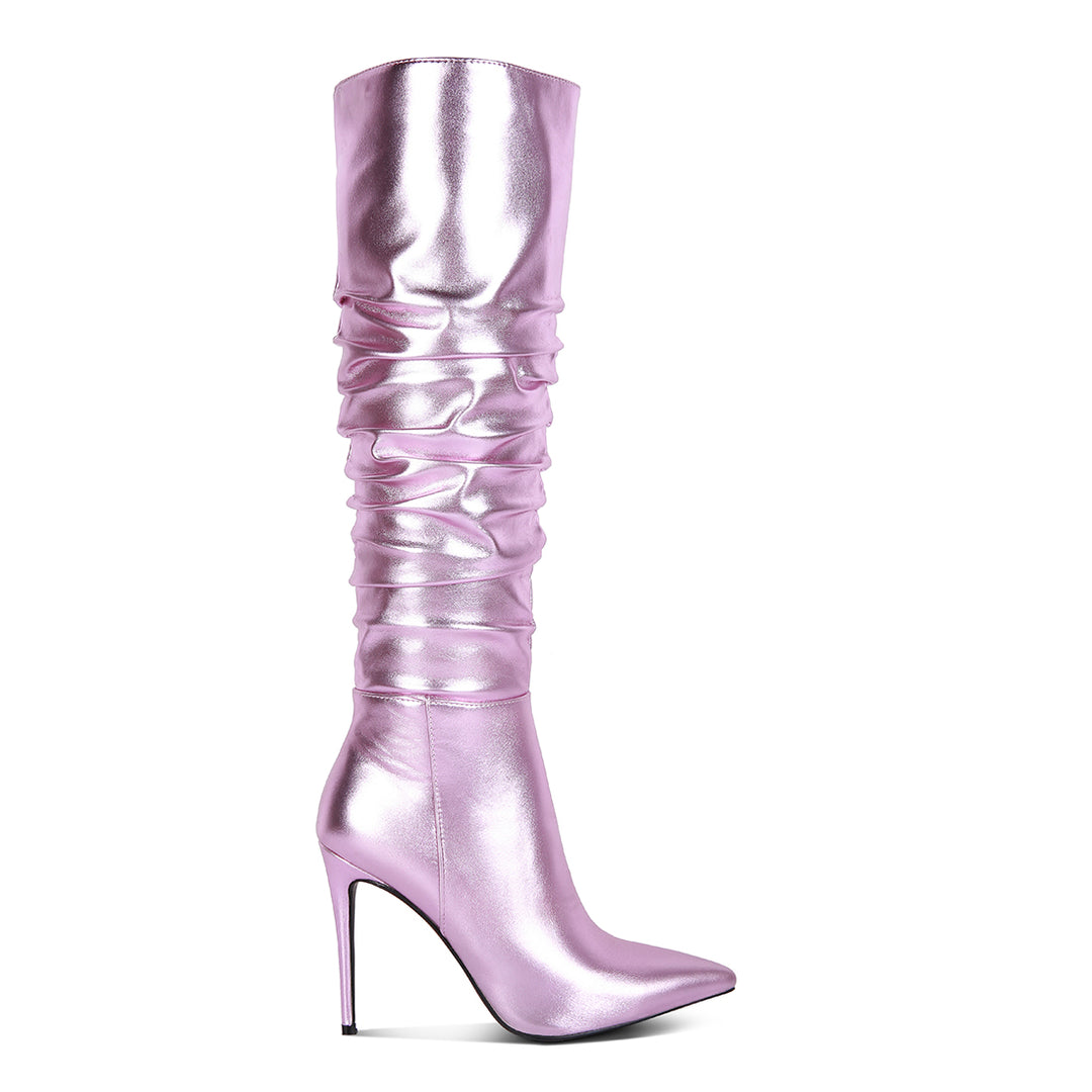 metallic ruched stiletto calf boots#color_pink