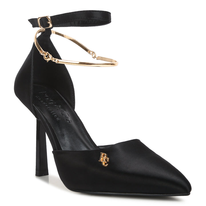 Satin High Heeled Anklet Sandals In Black