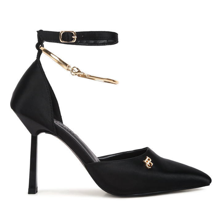 Satin High Heeled Anklet Sandals In Black