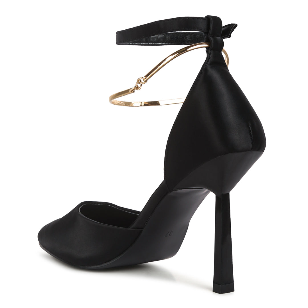 Satin High Heeled Anklet Sandals In Black