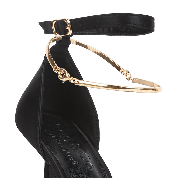 Satin High Heeled Anklet Sandals In Black