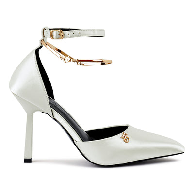 Satin High Heeled Anklet Sandals In White