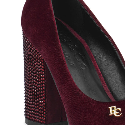diamante block heeled pumps#color_burgundy