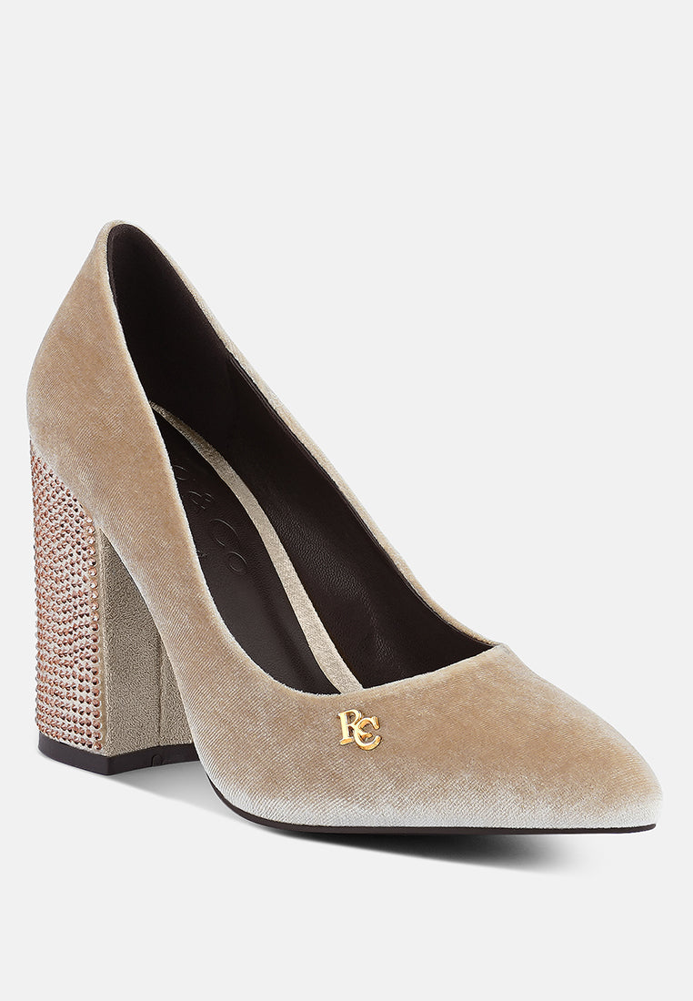 women diamante block heeled pumps#color_beige