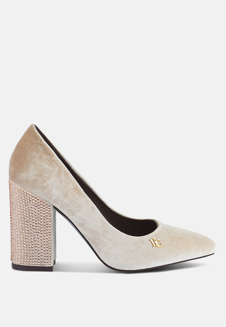 women diamante block heeled pumps#color_beige