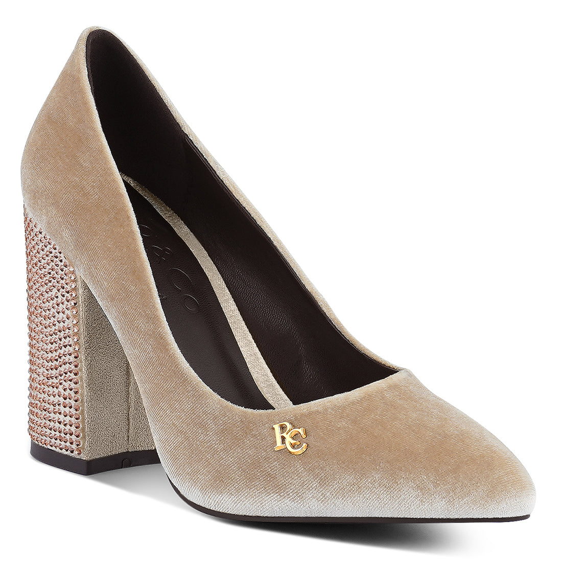 diamante block heeled pumps#color_beige