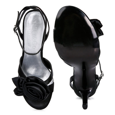 rose bow satin heeled sandals#color_black