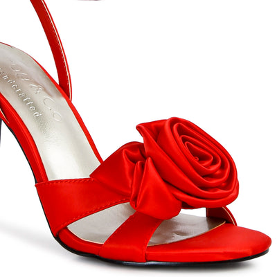 rose bow satin heeled sandals#color_red