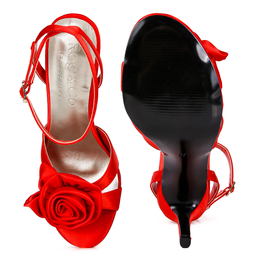 rose bow satin heeled sandals#color_red
