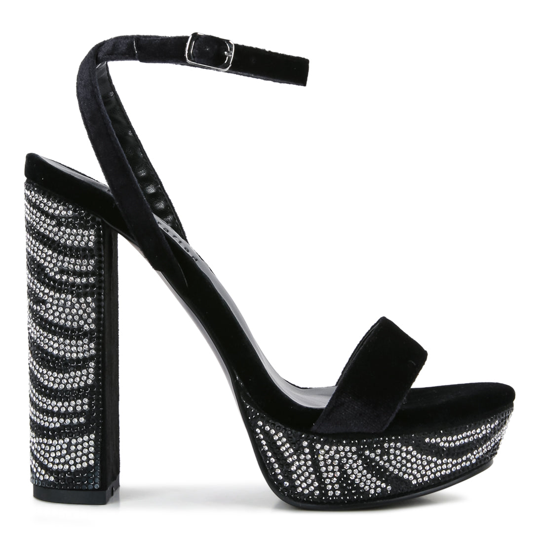Black Diamante Studded High Block Heel Sandals