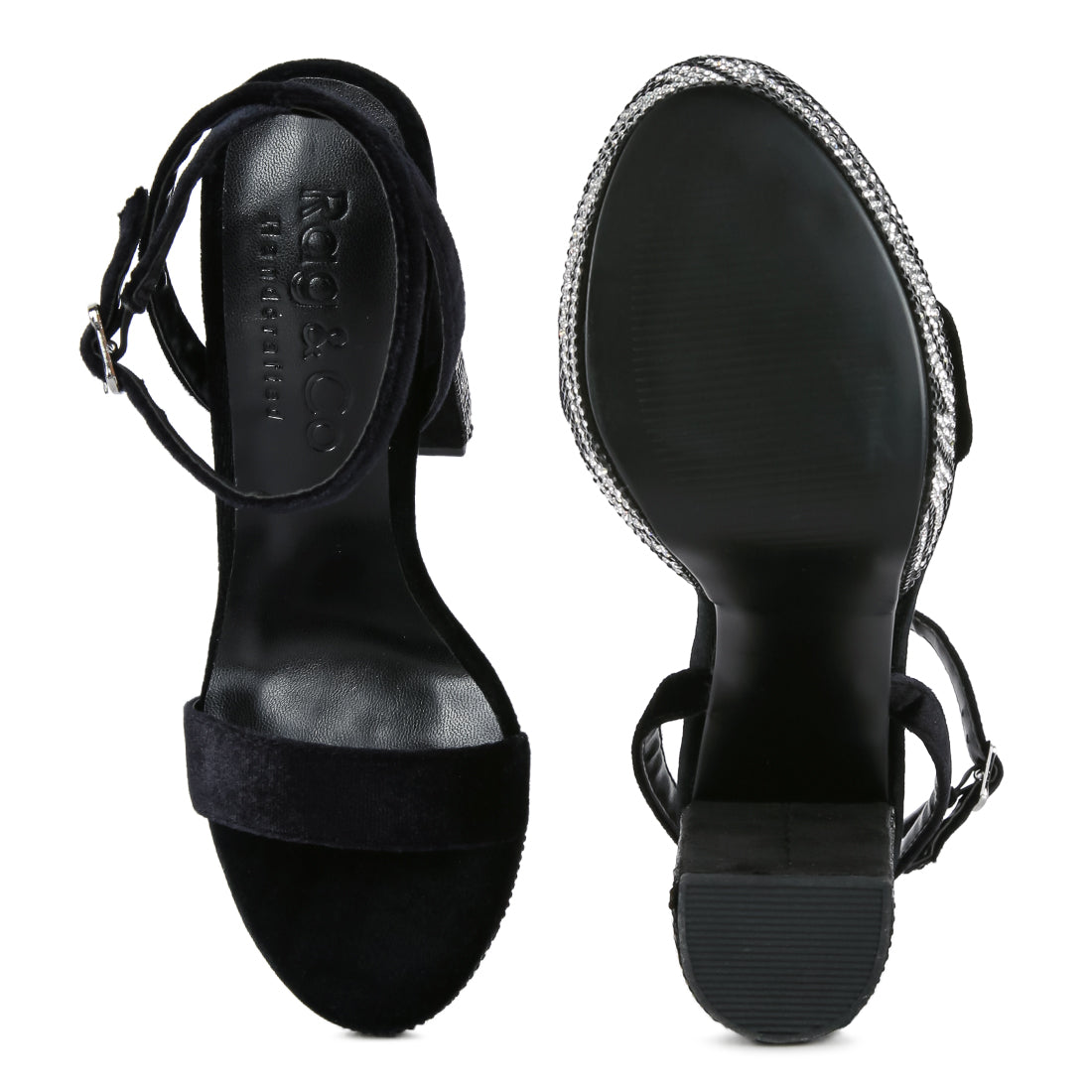 Black Diamante Studded High Block Heel Sandals
