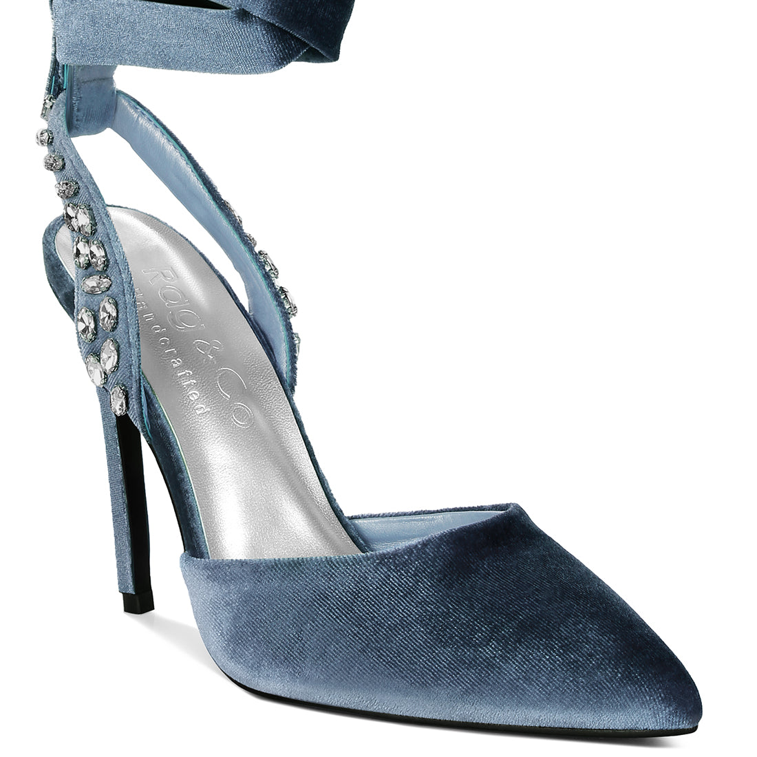 Blue Velvet Diamante Stud Tie Up Sandals