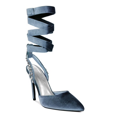 Blue Velvet Diamante Stud Tie Up Sandals