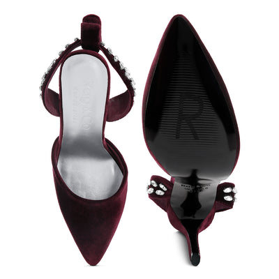 Burgundy Velvet Diamante Stud Tie Up Sandals