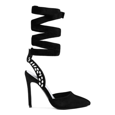 Black Velvet Diamante Tie Up High Heeled Sandals