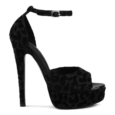 printed peep toe high heeled sandal#color_black