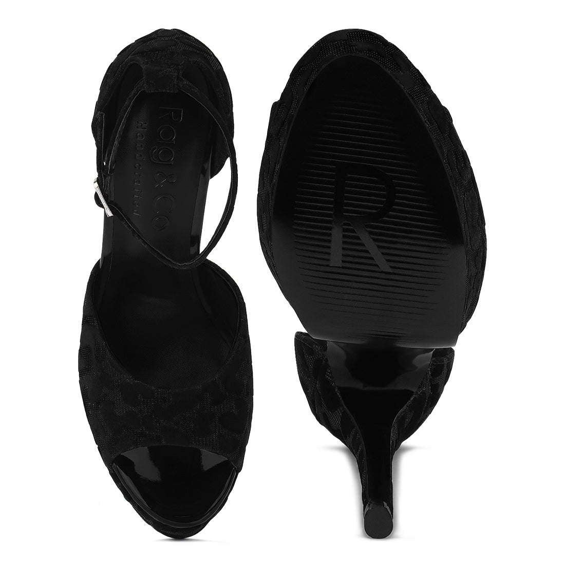 printed peep toe high heeled sandal#color_black