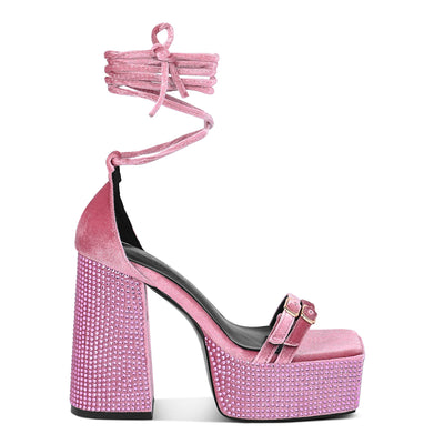 high platform diamante lace up sandals#color_pink