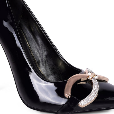 buckle embellished stiletto pump shoes#color_black