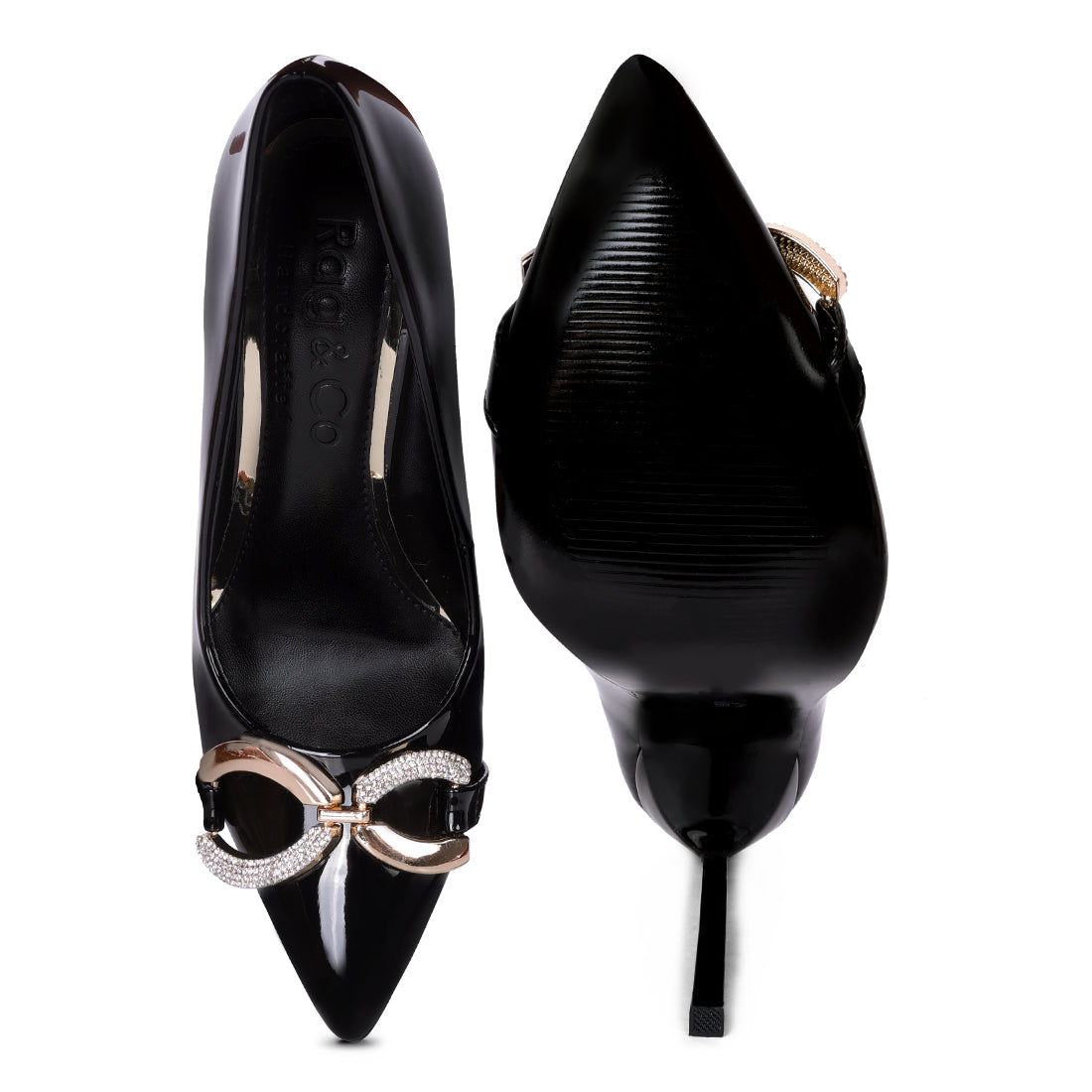 buckle embellished stiletto pump shoes#color_black
