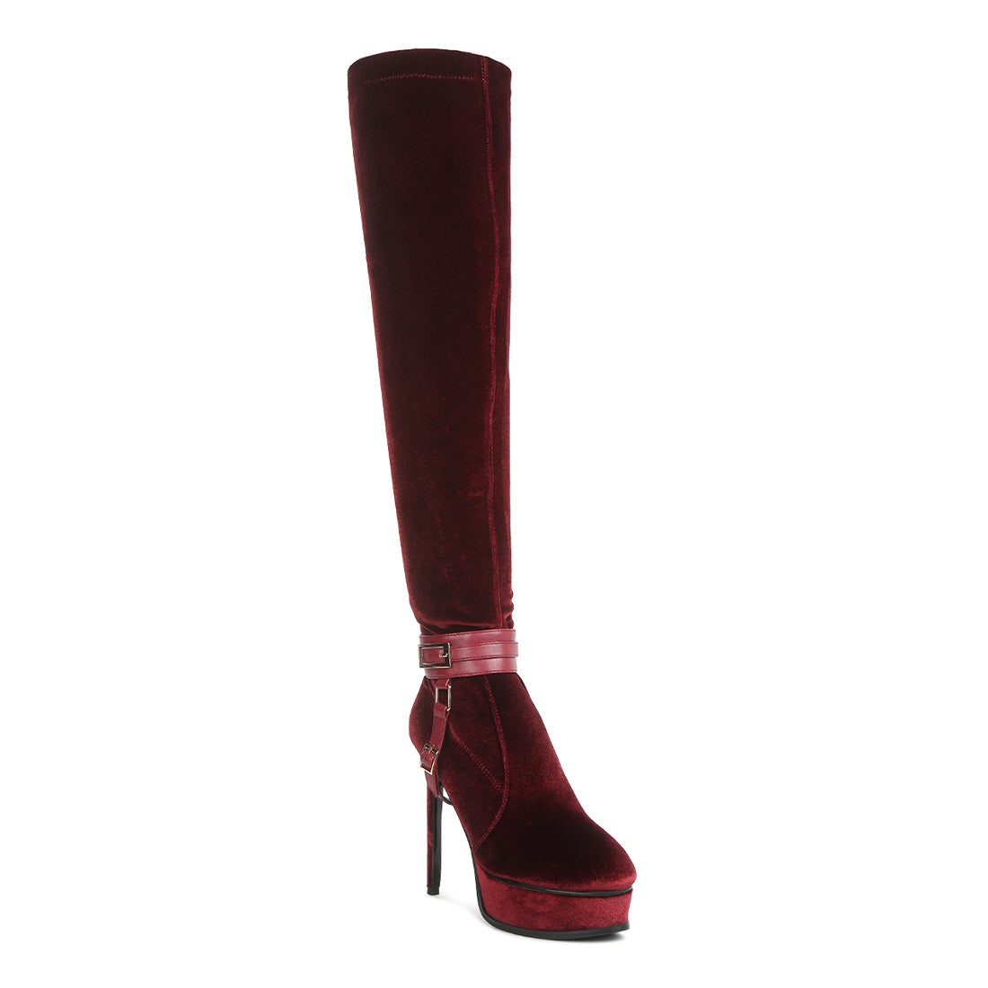 high platform heeled long boots#color_burgundy