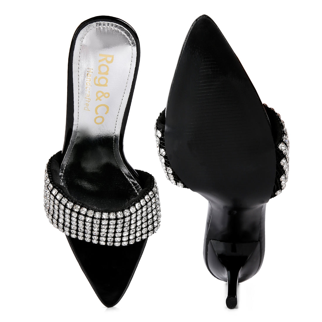 Diamante Strap Pointed Heel Sandals In Black