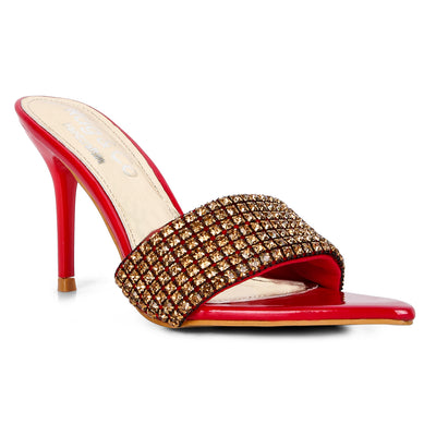 Diamante Strap Pointed Heel Sandals In Red