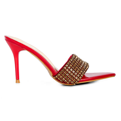 Diamante Strap Pointed Heel Sandals In Red