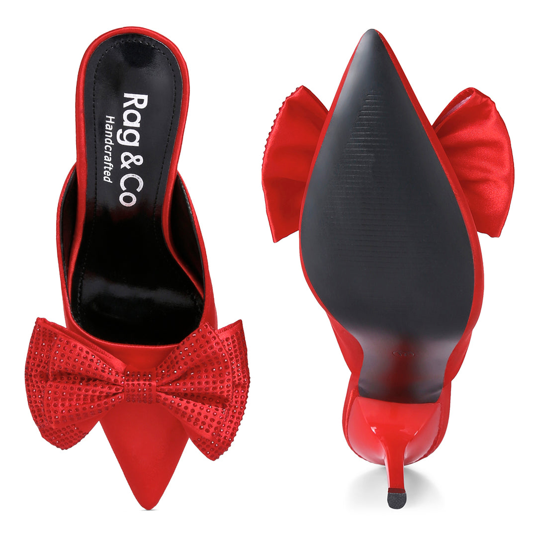 Red Diamante Bow Heeled Mules