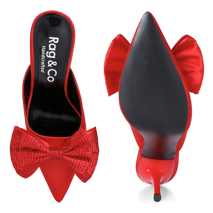 Red Diamante Bow Heeled Mules