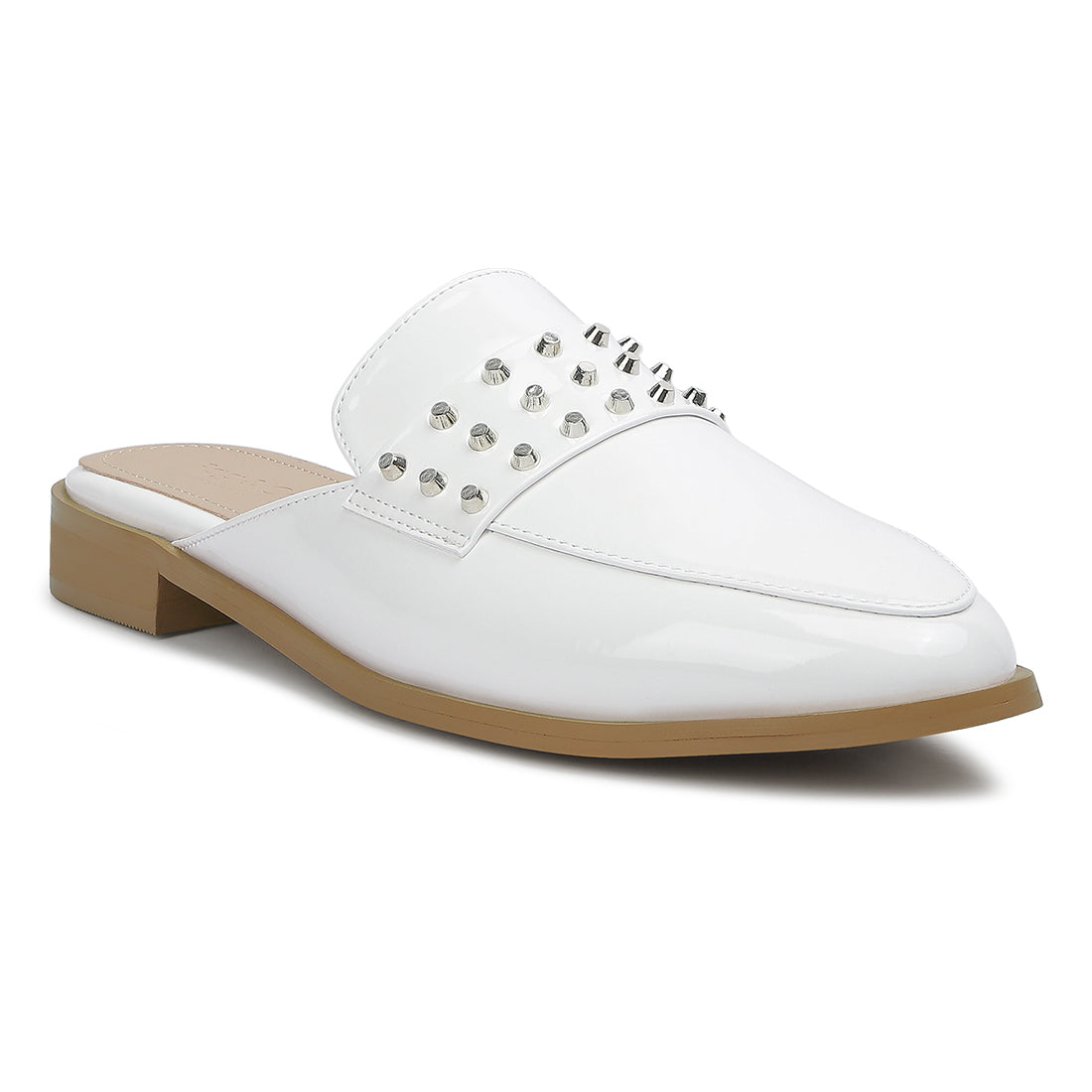 patent studded flat mules#color_white