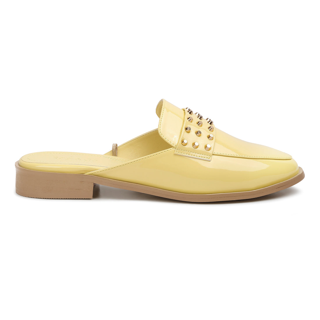 patent studded flat mules#color_yellow