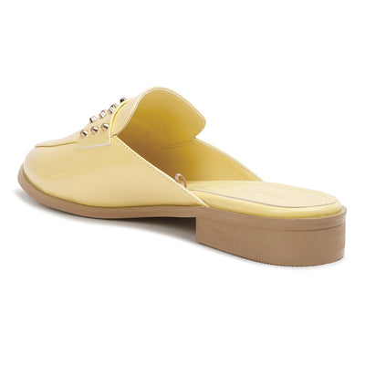 patent studded flat mules#color_yellow
