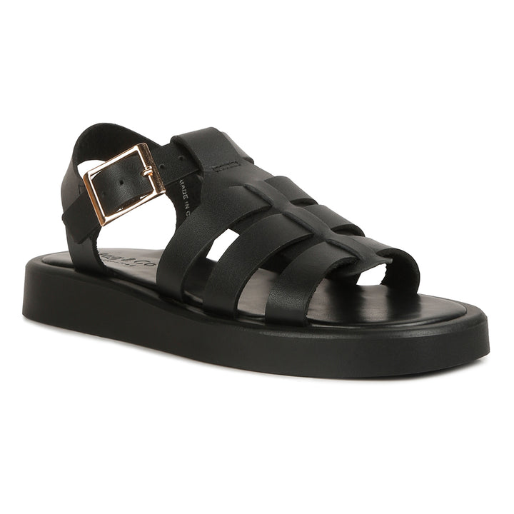 Black Genuine Leather Gladiator Flatform Sandals