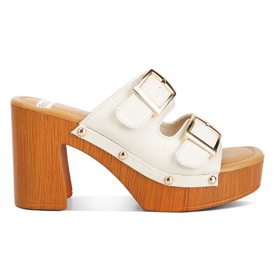 buckle straps high block heel mules#color_white