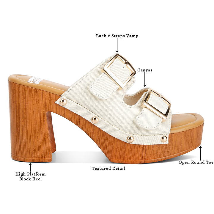 buckle straps high block heel clogs#color_beige