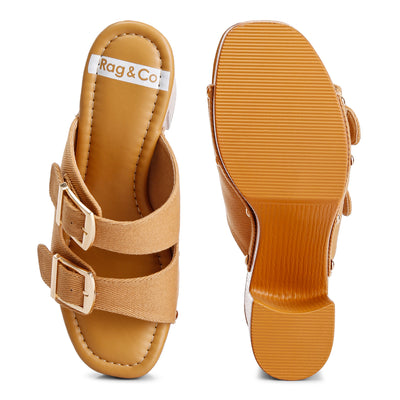 buckle straps high block heel mules#color_tan