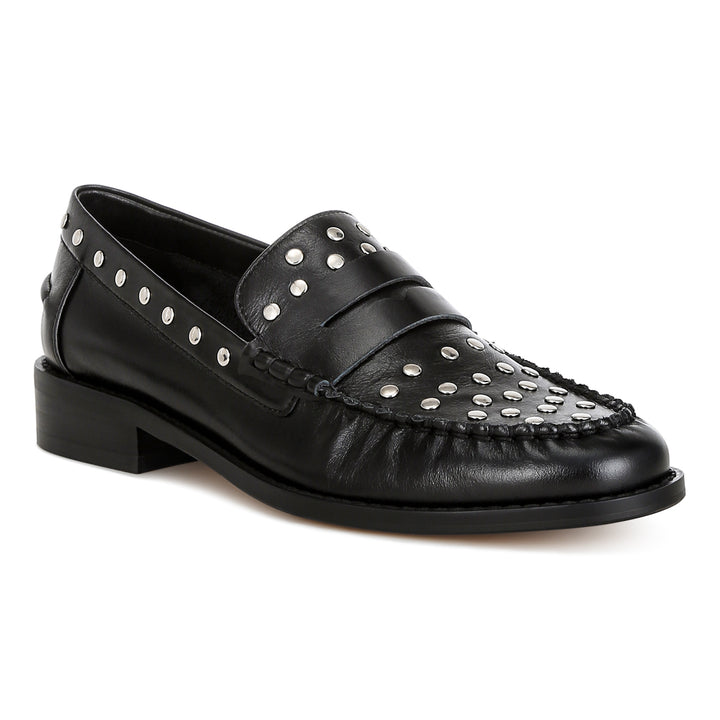 studs embellished leather loafers
#color_black