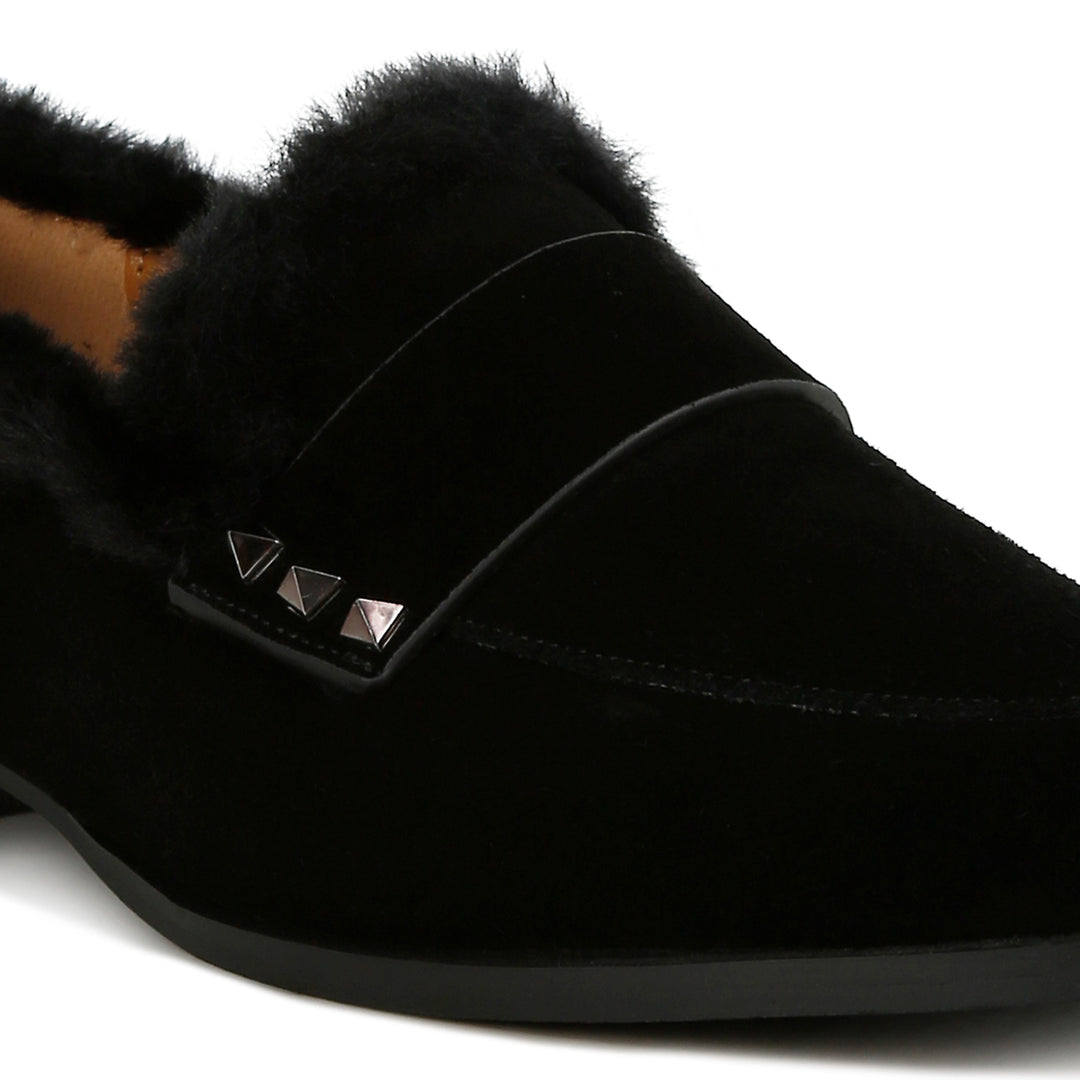 fur trim suede loafers#color_black